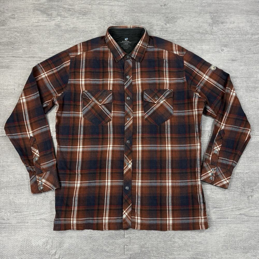 Kuhl Lowdown Flannel Shirt Mens Sz L Plaid Rust Long Sleeve Pearl Snap Outdoors